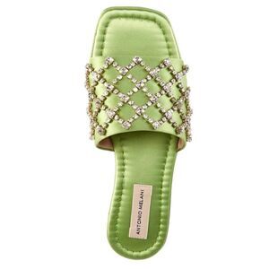 NWT Antonio Melani Dacie Satin Jeweled Flat Square Toe Slides Algae Green Size:7